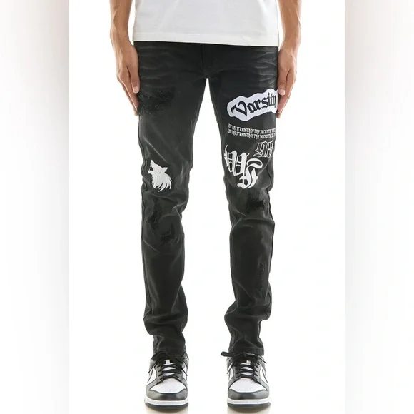 NWT KDNK Men’s Varsity Patched Grunge Jeans in Black/White Size 30